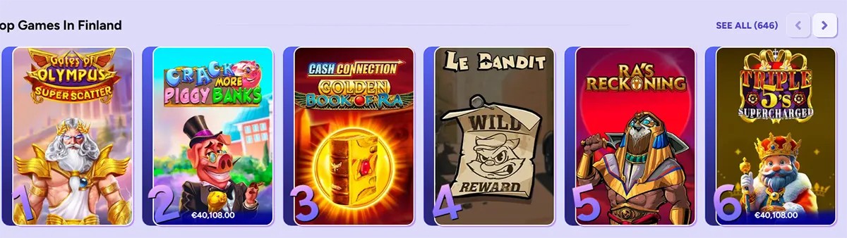Top games carousel for Finland showing ranked slots: Gates of Olympus Super Scatter, Crack More Piggy Banks, Cash Connection Golden Book of Ra, Le Bandit, Ra’s Reckoning, and Triple 5’s Supercharged (with “See all (646)” button).