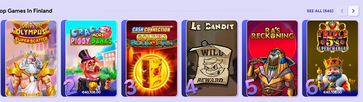 Top games carousel for Finland showing ranked slots: Gates of Olympus Super Scatter, Crack More Piggy Banks, Cash Connection Golden Book of Ra, Le Bandit, Ra’s Reckoning, and Triple 5’s Supercharged (with “See all (646)” button).
